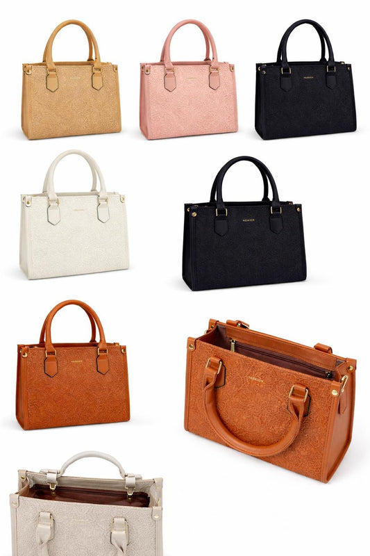 Lace & Luxe leather tote bag with lace texture, top handle purse, showcasing elegant design and soft leather material.