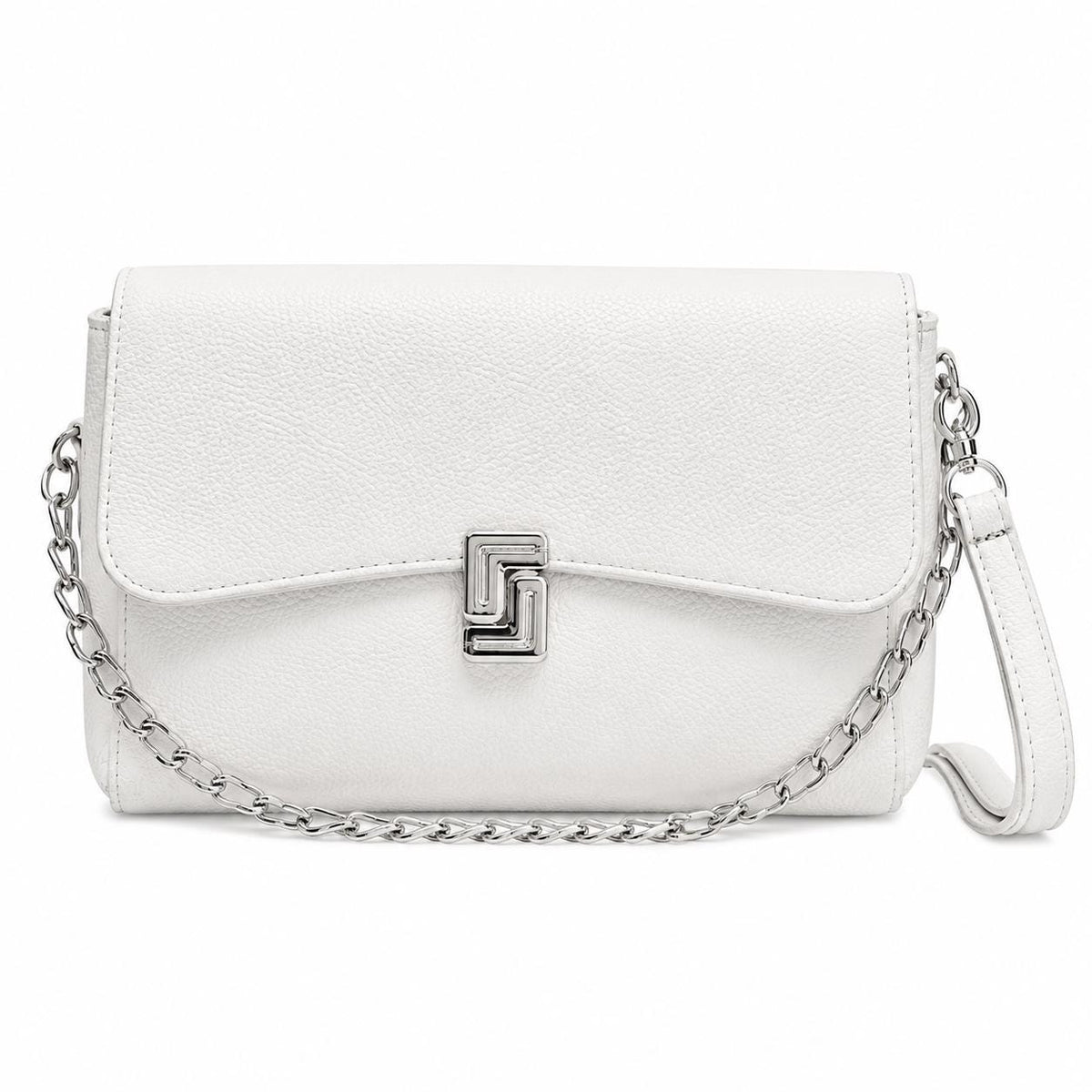 Lace & Luxe black pebbled leather crossbody bag with chain strap, small flap design, ideal for everyday use and gifting.