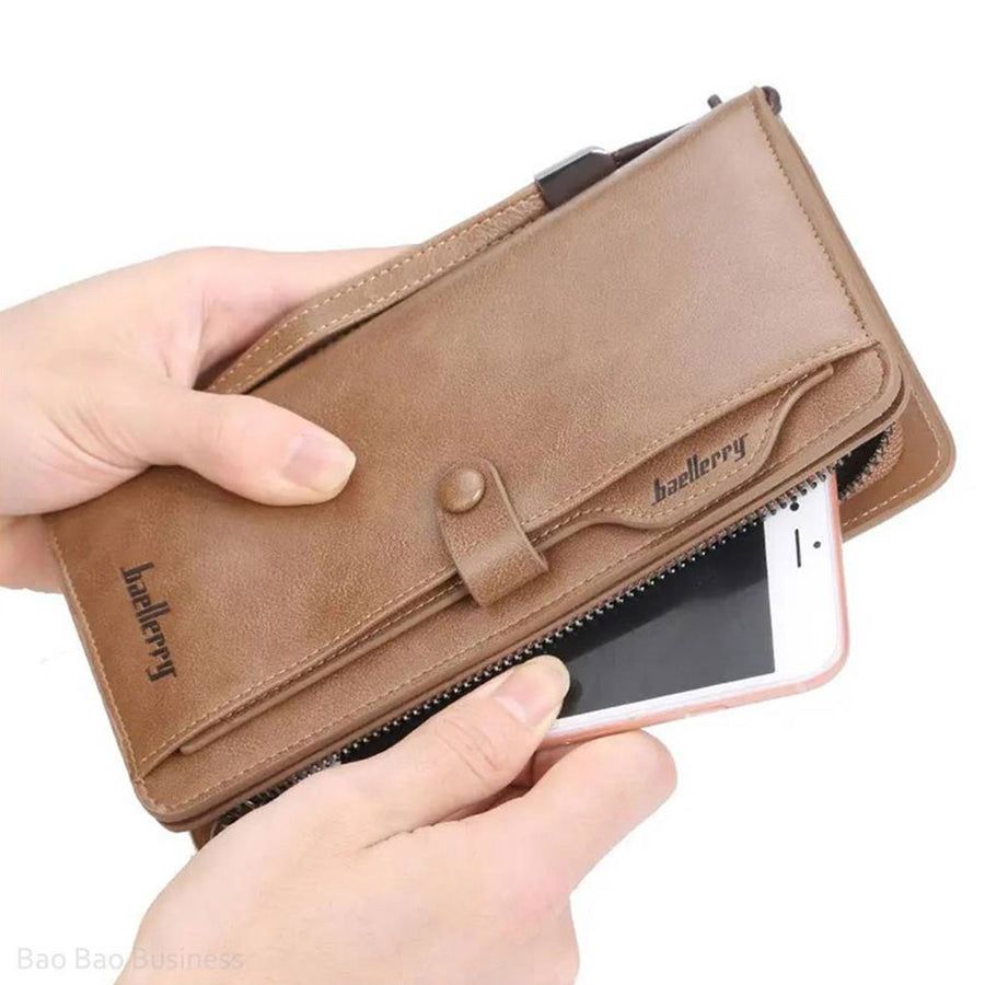 Men's Long Wallet Zipper Clutch Purse Phone Holder Wrist Strap Card Cash Organizer
