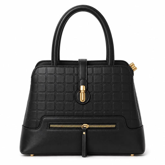 Lace & Luxe leather satchel bag with geometric textured tote design and gold latch crossbody strap.
