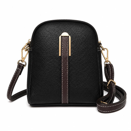 Black leather crossbody phone bag with gold hardware, mini shoulder purse by Lace & Luxe, featuring compact design and sleek style.