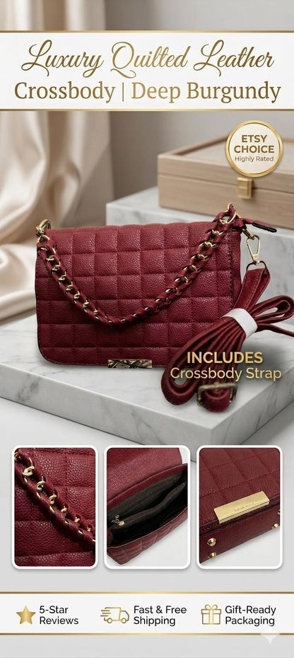 Lace & Luxe quilted leather crossbody bag with gold chain handle and compact design, stylish and functional for everyday use.