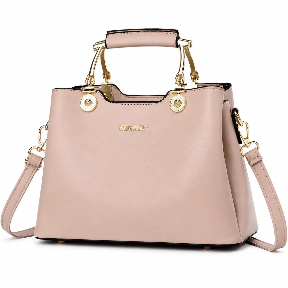 Blush pink vegan leather structured satchel handbag with gold hardware and top handle, featuring a crossbody strap for women.