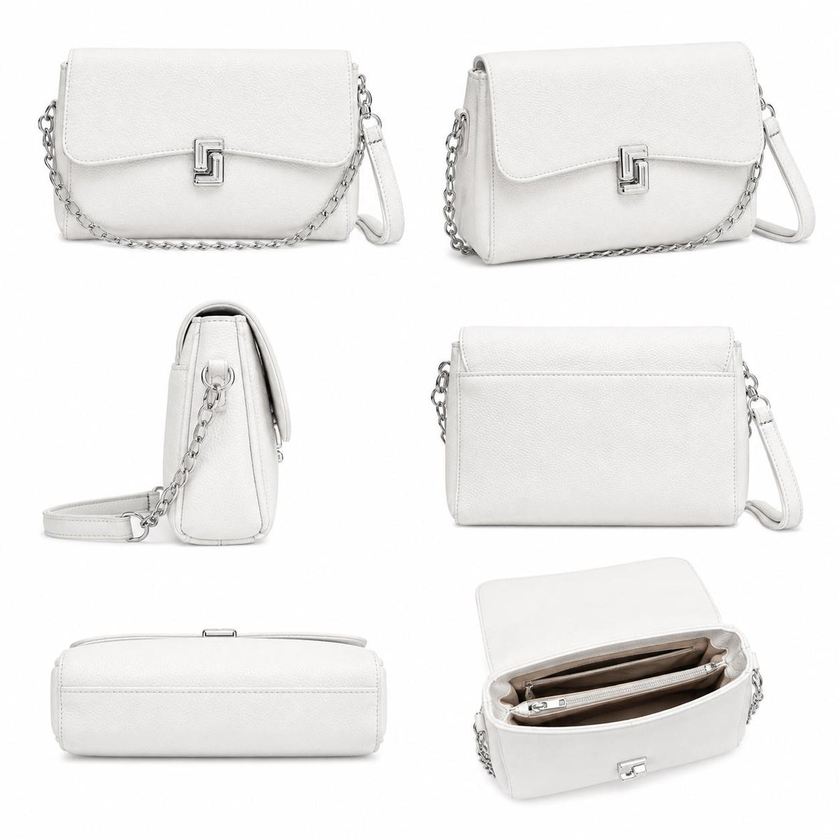 Black pebbled leather crossbody bag with chain strap, small flap design, white shoulder purse, versatile mini handbag for women.