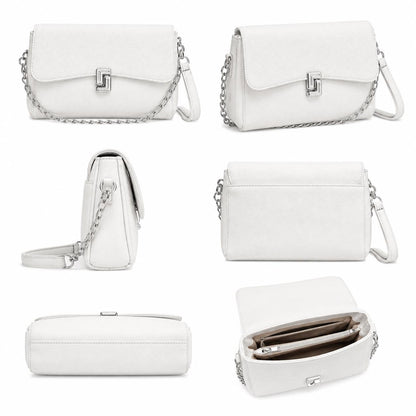 Black pebbled leather crossbody bag with chain strap, small flap design, white shoulder purse, versatile mini handbag for women.