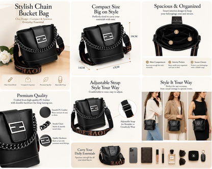 Genuine leather shoulder handbag by Lace & Luxe with chain detail, crossbody style, and bucket bag design.