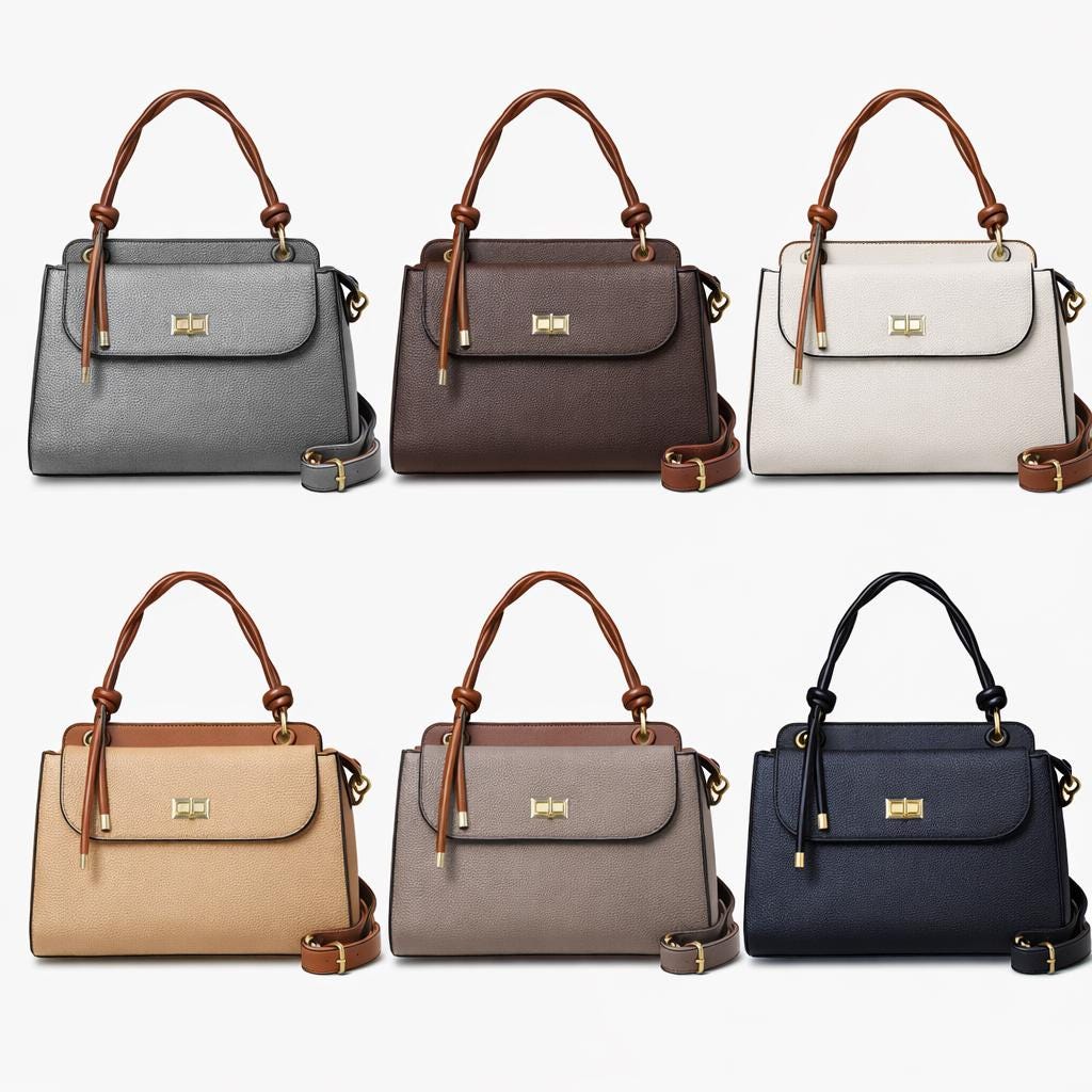 Lace & Luxe pebbled leather handbag with structured top handle and crossbody strap, stylish women's purse with gold hardware.