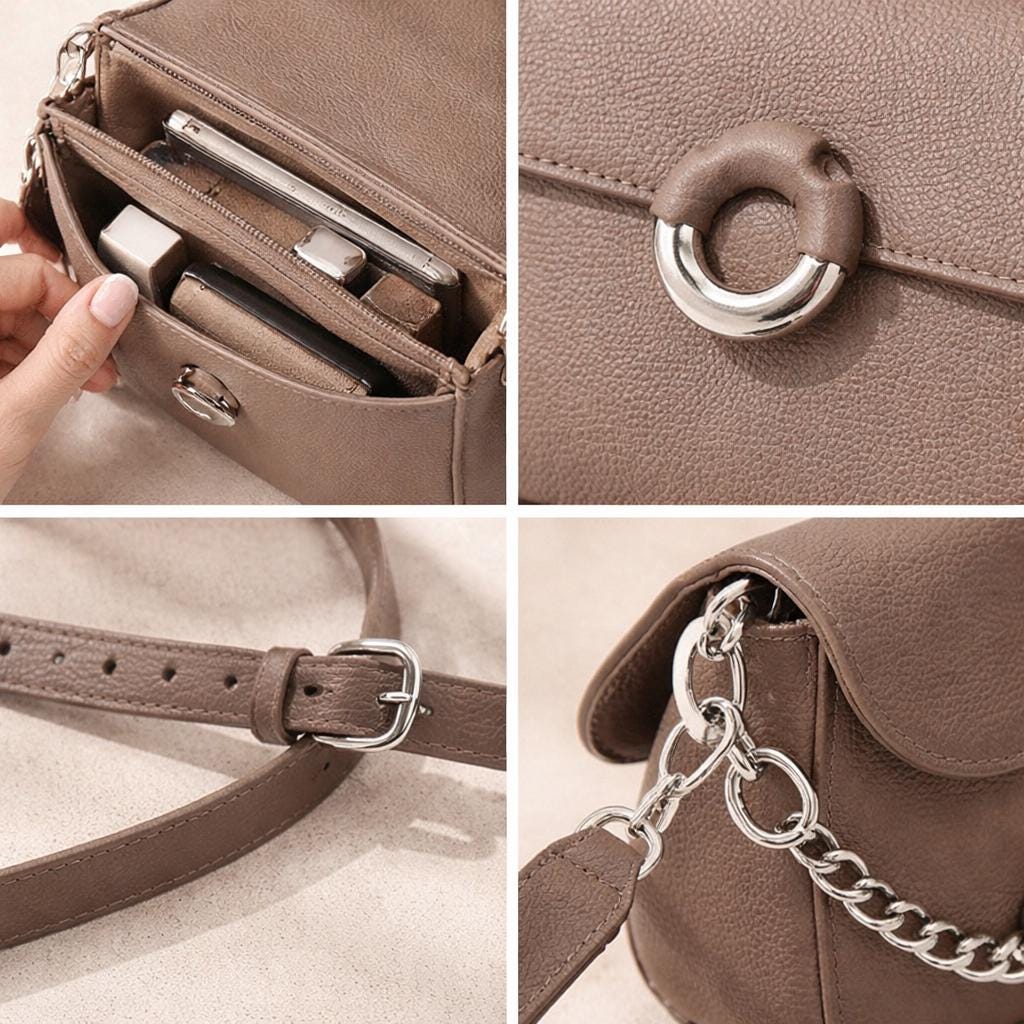 Lace & Luxe leather crossbody bag with chain strap, stylish everyday handbag featuring a sleek design and compact size.