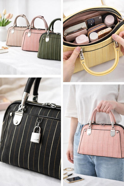 Lace & Luxe structured leather mini tote bag with top handle, elegant ladies handbag in black with subtle stitching details.
