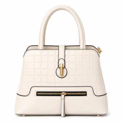 Lace & Luxe leather satchel bag with geometric textured design, gold latch crossbody purse, showcasing stylish craftsmanship.