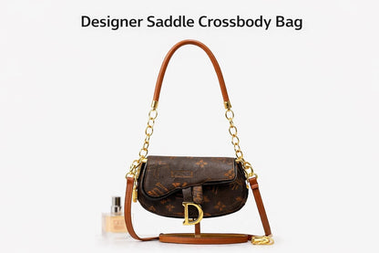 Lace & Luxe Monogram Saddle Crossbody Bag with top handle, faux leather shoulder purse, featuring elegant monogram design.