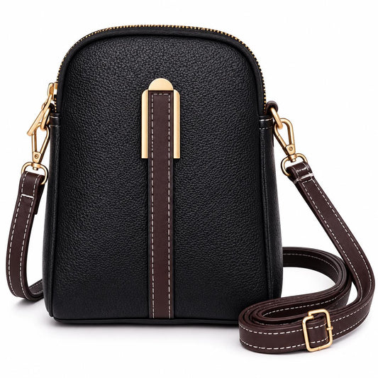 Black leather crossbody phone bag with gold hardware, mini shoulder purse from Lace & Luxe, featuring compact design and sleek style.