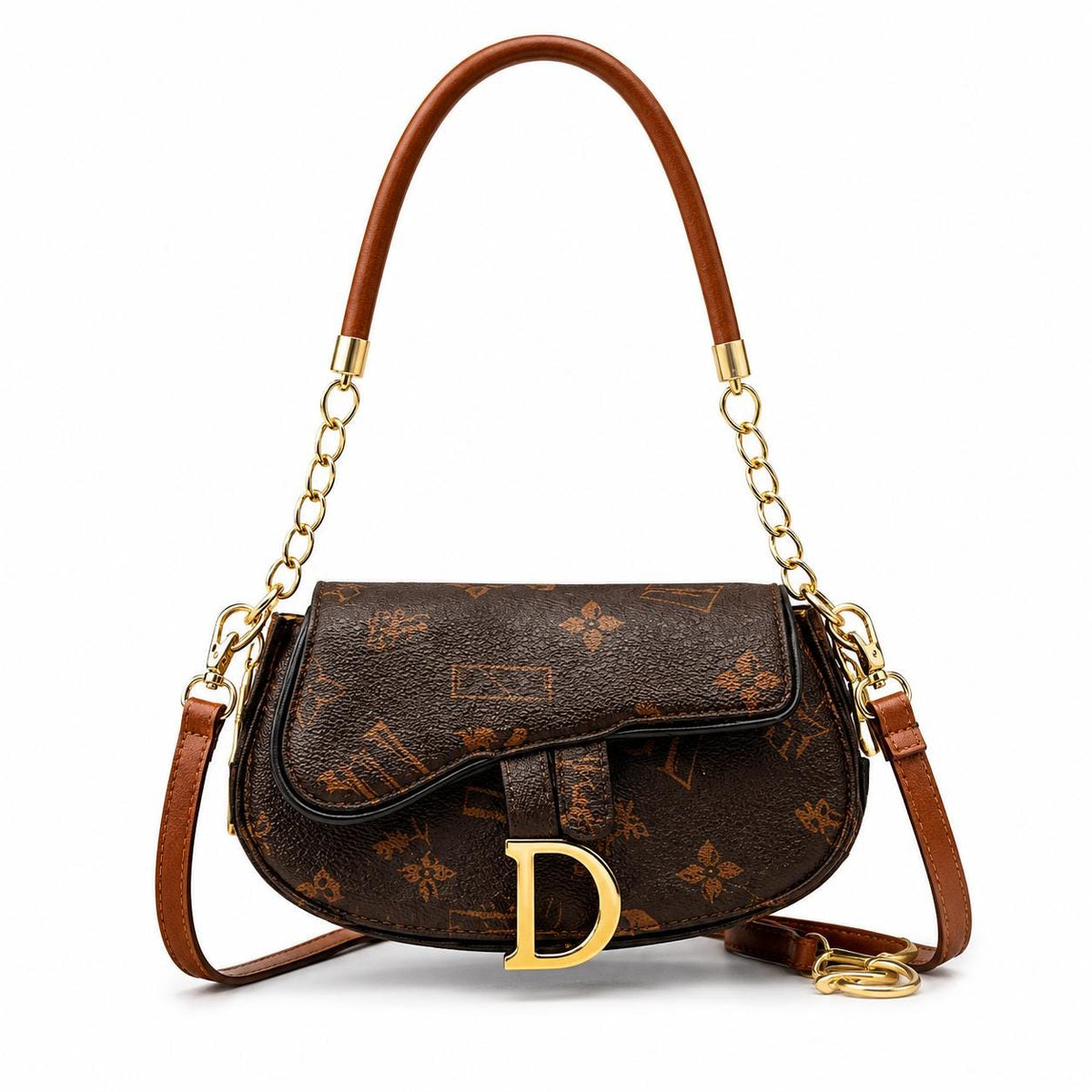 Lace & Luxe Monogram Saddle Crossbody Bag with top handle, faux leather shoulder purse showcasing monogram design and sleek style.