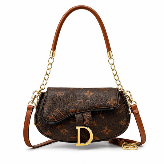 Lace & Luxe Monogram Saddle Crossbody Bag with top handle, faux leather shoulder purse showcasing monogram design and sleek style.