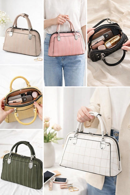 Lace & Luxe structured leather mini tote bag with top handle, elegant ladies handbag in black with gold hardware.