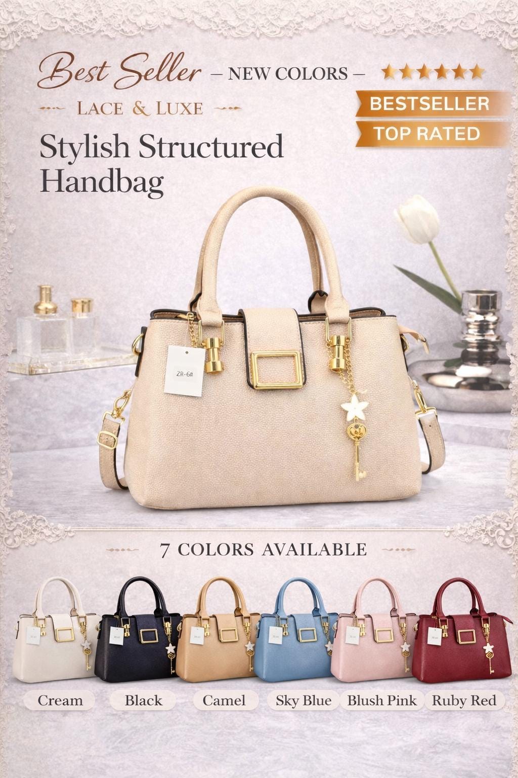 Lace & Luxe women's structured faux leather handbag with top handle, designer-style office purse, stylish and professional.