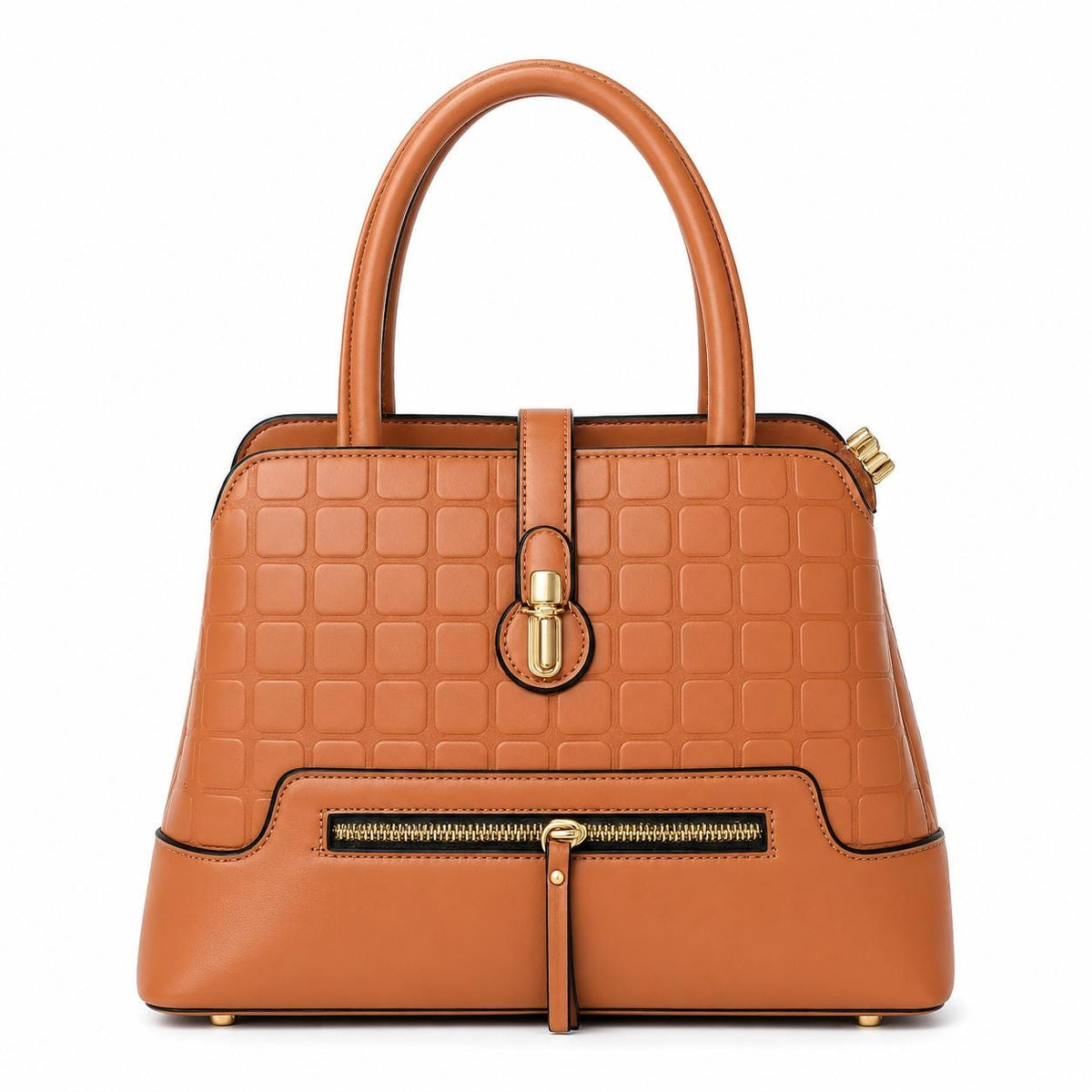 Lace & Luxe leather satchel bag with geometric textured tote design and gold latch crossbody purse in natural leather finish.