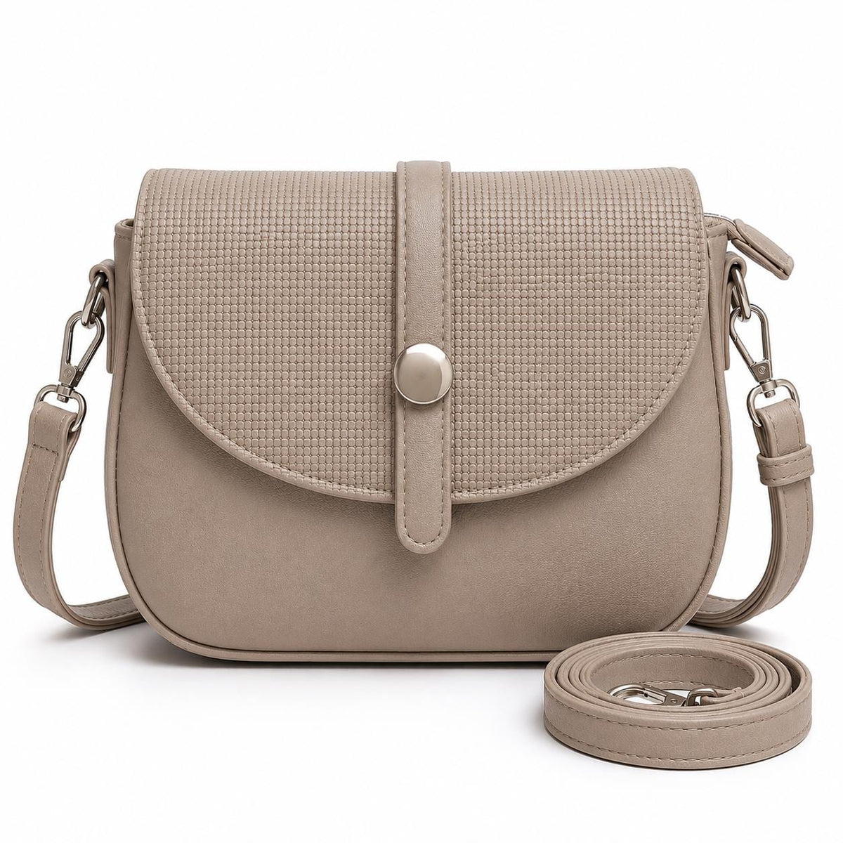 Lace & Luxe vegan leather saddle bag with adjustable strap, boho crossbody purse, stylish and functional handbag.