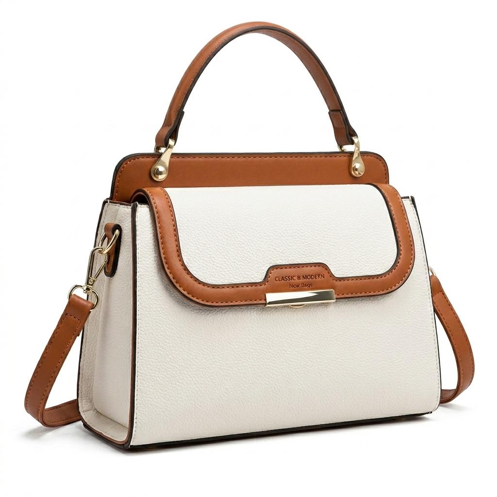 Lace & Luxe pebbled leather handbag with structured top handle and crossbody strap, stylish women's purse with gold hardware details.