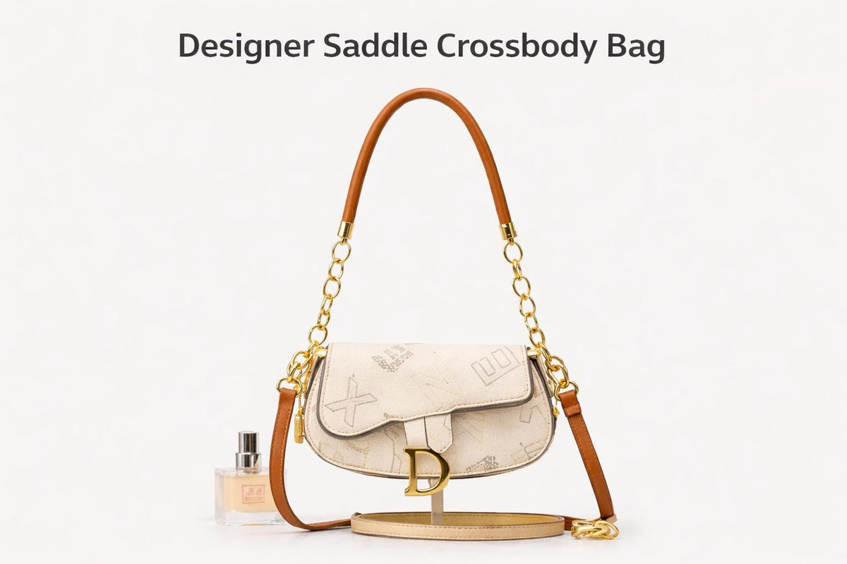 Lace & Luxe Monogram Saddle Crossbody Bag with top handle, faux leather shoulder purse, featuring monogram design and structured shape.