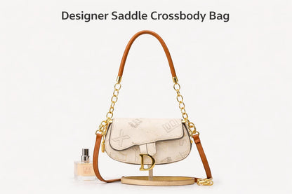 Lace & Luxe Monogram Saddle Crossbody Bag with top handle, faux leather shoulder purse, featuring monogram design and structured shape.