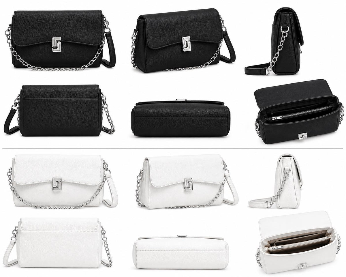 Black pebbled leather crossbody bag with chain strap, small flap purse, white shoulder purse, stylish mini handbag for women.