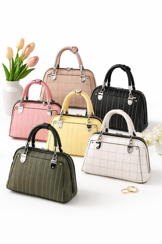 Lace & Luxe structured leather mini tote bag with top handle, elegant ladies handbag in black, showing front view and top details.