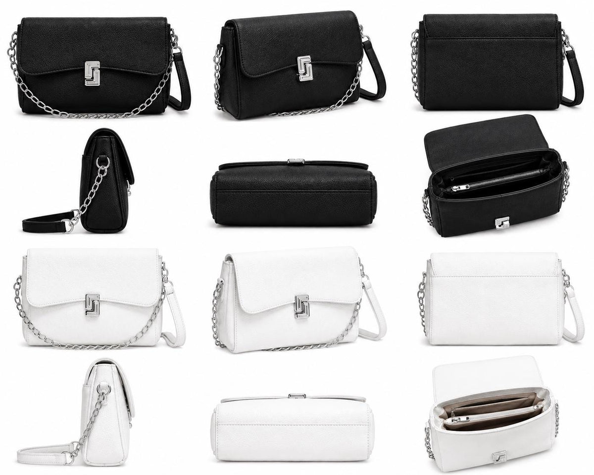 Lace & Luxe black pebbled leather crossbody bag with chain strap, small flap design, perfect for everyday use or gifting.
