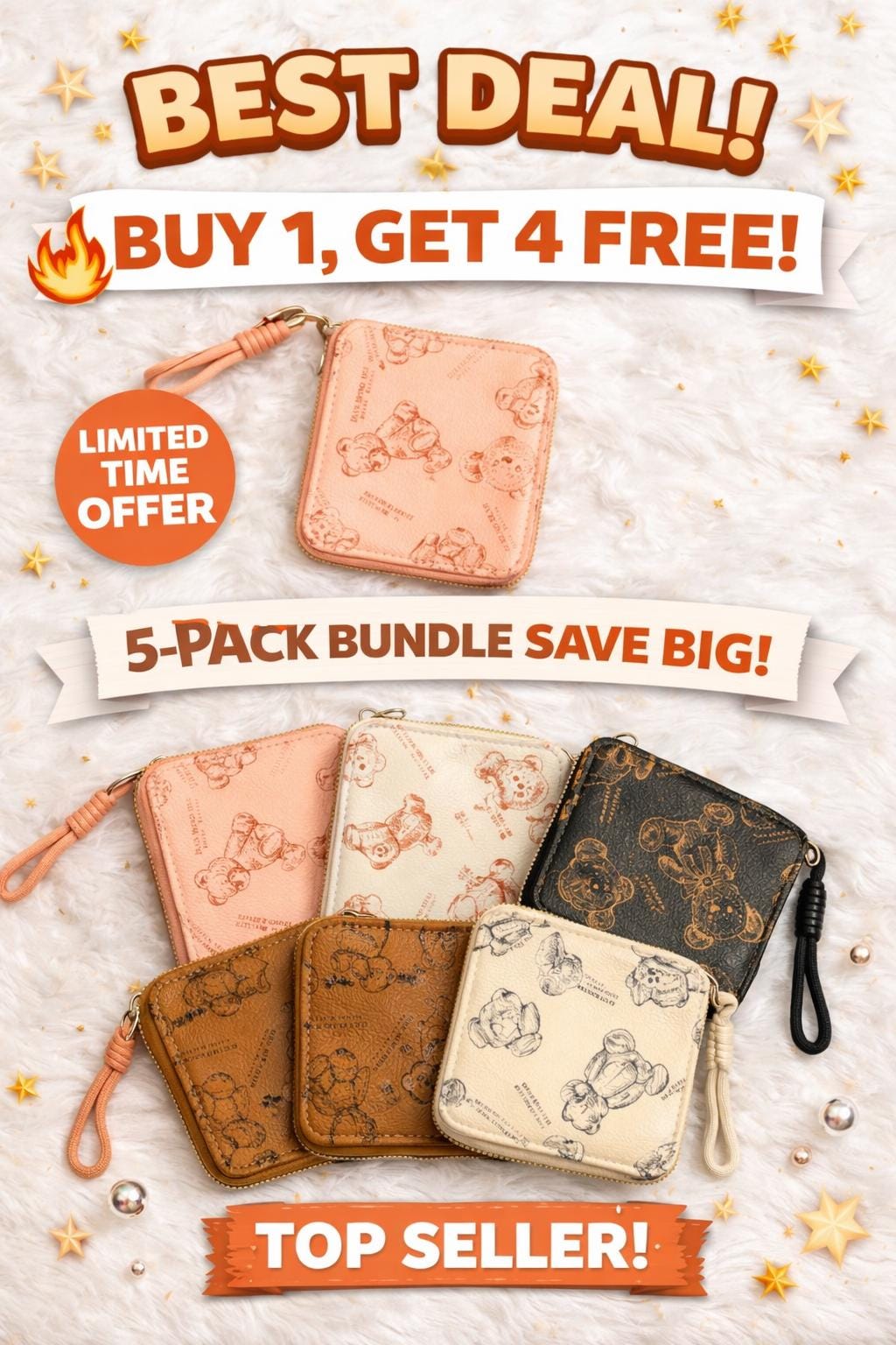 Set of five teddy bear coin purses with mini zip wallets and wristlets, perfect as gift pouches or small handbag accessories.