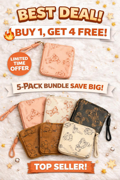 Set of five teddy bear coin purses with mini zip wallets and wristlets, perfect as gift pouches or small handbag accessories.