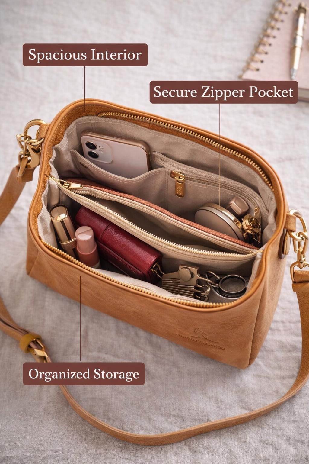 Genuine leather crossbody bag for women with adjustable strap, small everyday shoulder purse by Lace & Luxe.