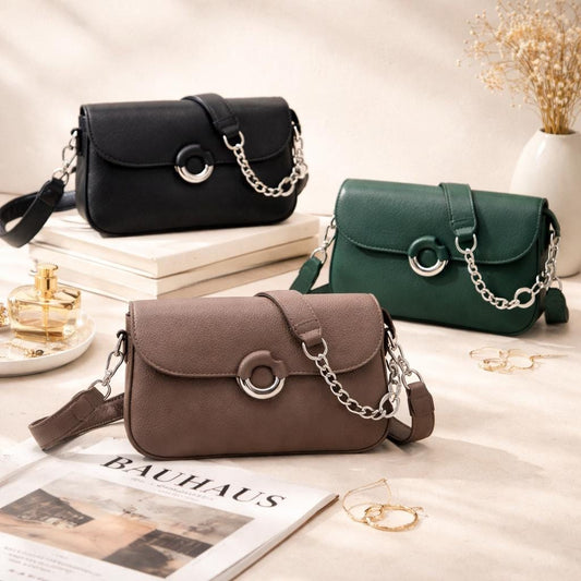 Lace & Luxe leather crossbody bag with chain strap, stylish everyday shoulder purse, black color, compact and versatile design
