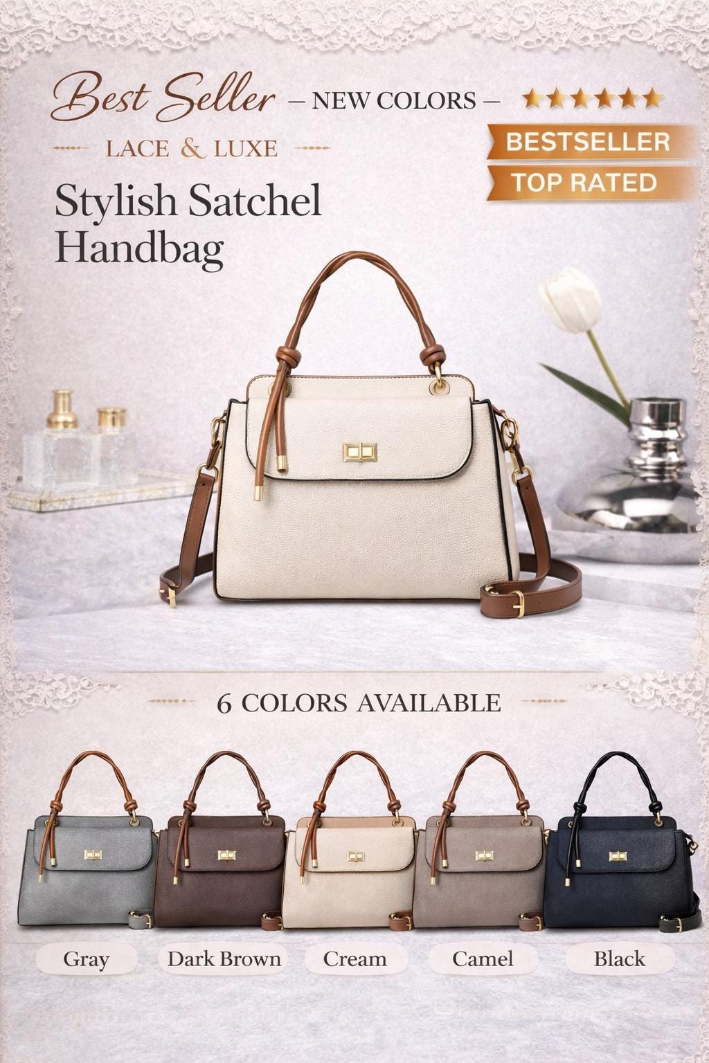 Lace & Luxe pebbled leather handbag with structured top handle and crossbody strap, stylish women's purse in black.