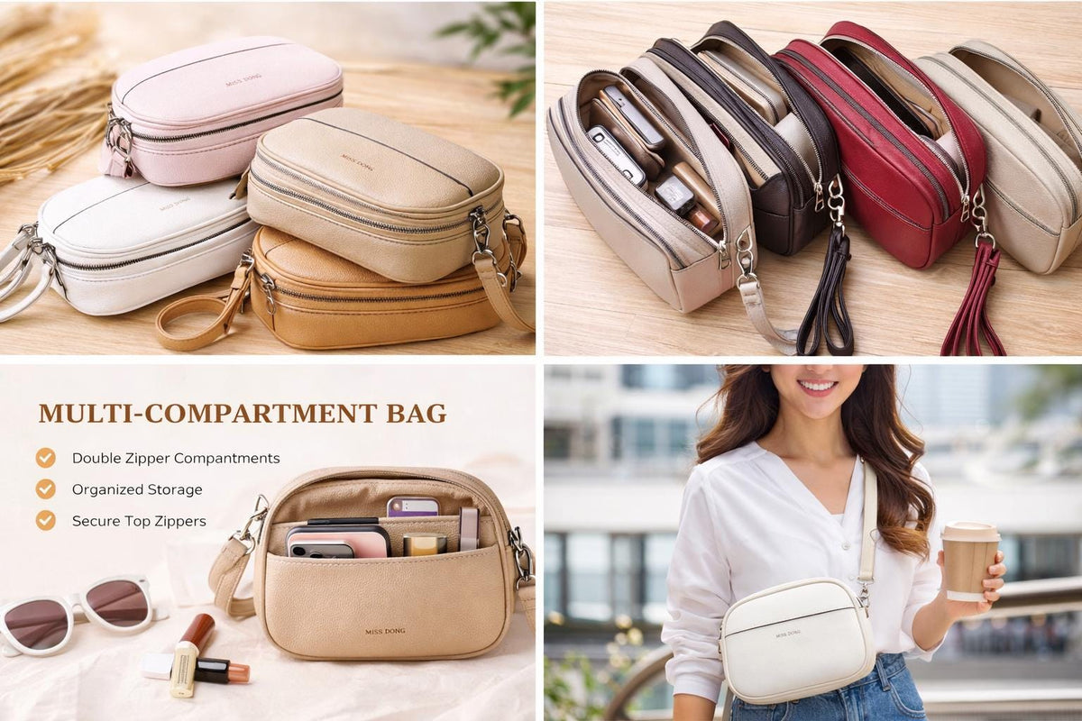 Lace & Luxe crossbody bag with multiple compartments, shoulder strap, casual everyday travel handbag showing interior and exterior details.