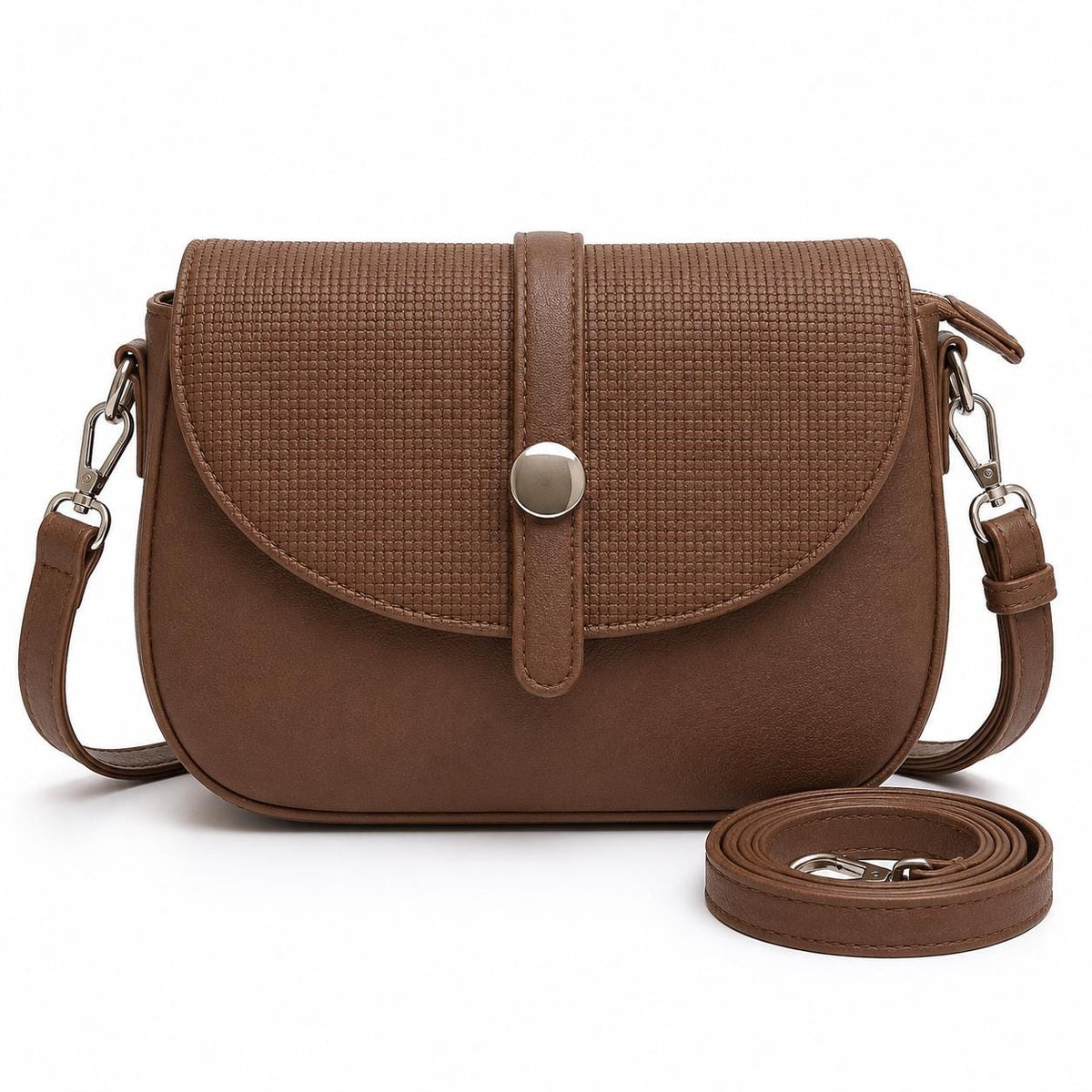 Lace & Luxe vegan leather saddle bag with adjustable strap, boho crossbody purse, featuring a stylish design and spacious interior.