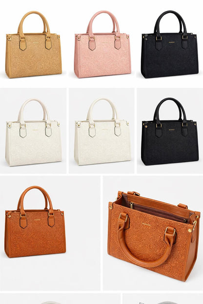 Lace & Luxe leather tote bag with lace-textured top handle, spacious interior, and stylish design for everyday use.