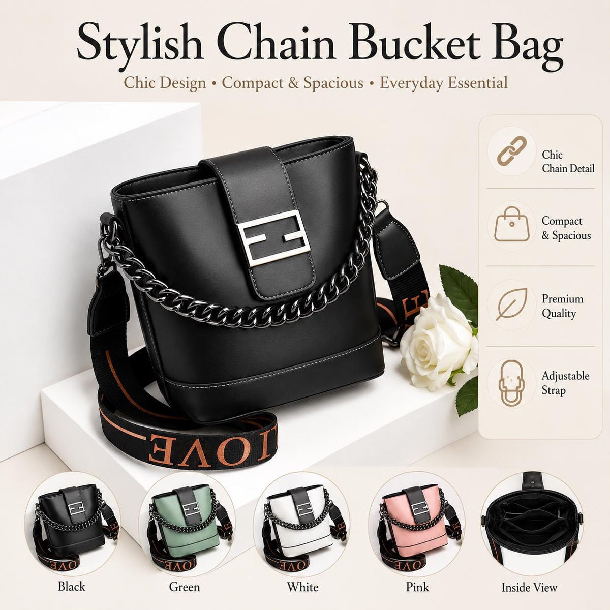 Genuine leather handbag by Lace & Luxe featuring a chain detail, shoulder strap, and bucket style for everyday chic use.
