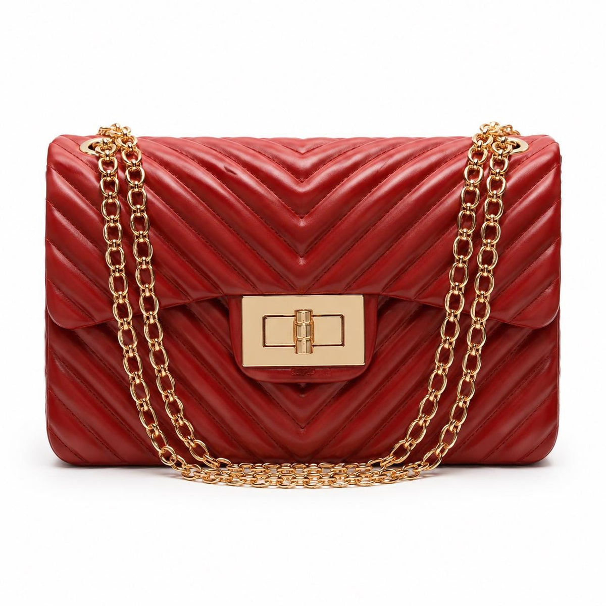 Lace & Luxe quilted chevron pattern crossbody bag with gold chain shoulder strap and handbag design.