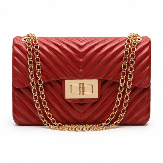 Lace & Luxe quilted chevron pattern crossbody bag with gold chain shoulder strap and handbag design.