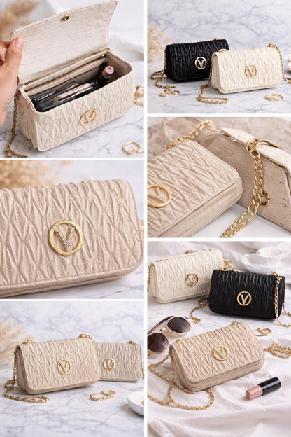 Lace & Luxe quilted gold chain crossbody bag with elegant mini handbag design, perfect for evening clutch or shoulder use