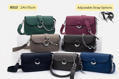 Lace & Luxe leather crossbody bag with chain strap, stylish shoulder purse for everyday use, featuring a sleek design and compact size.