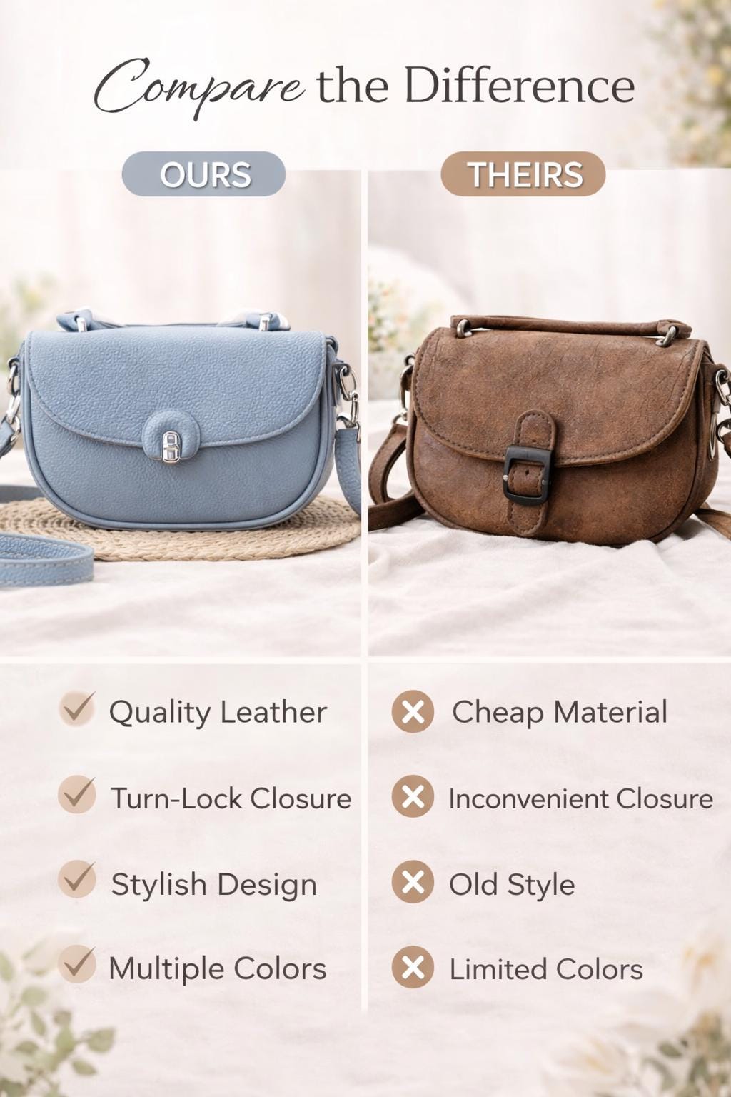 Lace & Luxe small leather crossbody purse for women with adjustable shoulder strap, casual handbag for everyday use