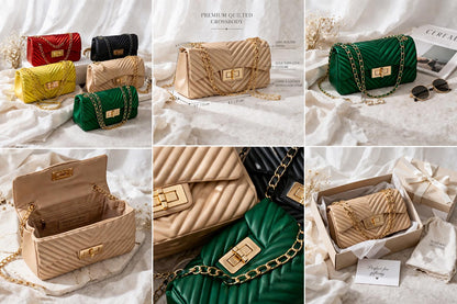 Lace & Luxe quilted chevron pattern crossbody bag with gold chain shoulder strap and compact handbag design.