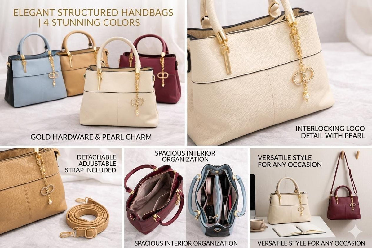 Lace & Luxe faux leather top handle bag with gold charm, crossbody strap, and elegant design for women.