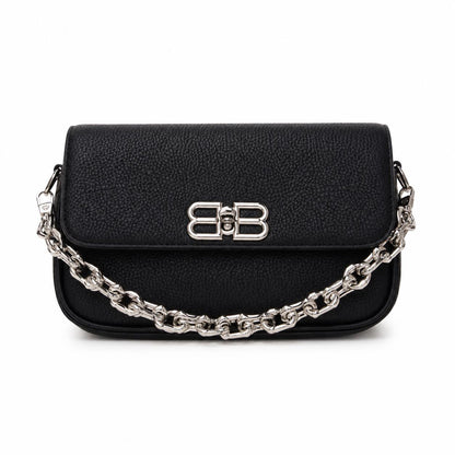 Lace & Luxe black leather shoulder bag for women with chain strap, mini flap designer style evening handbag.