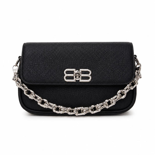 Lace & Luxe black leather shoulder bag for women with chain strap, mini flap designer style evening handbag.