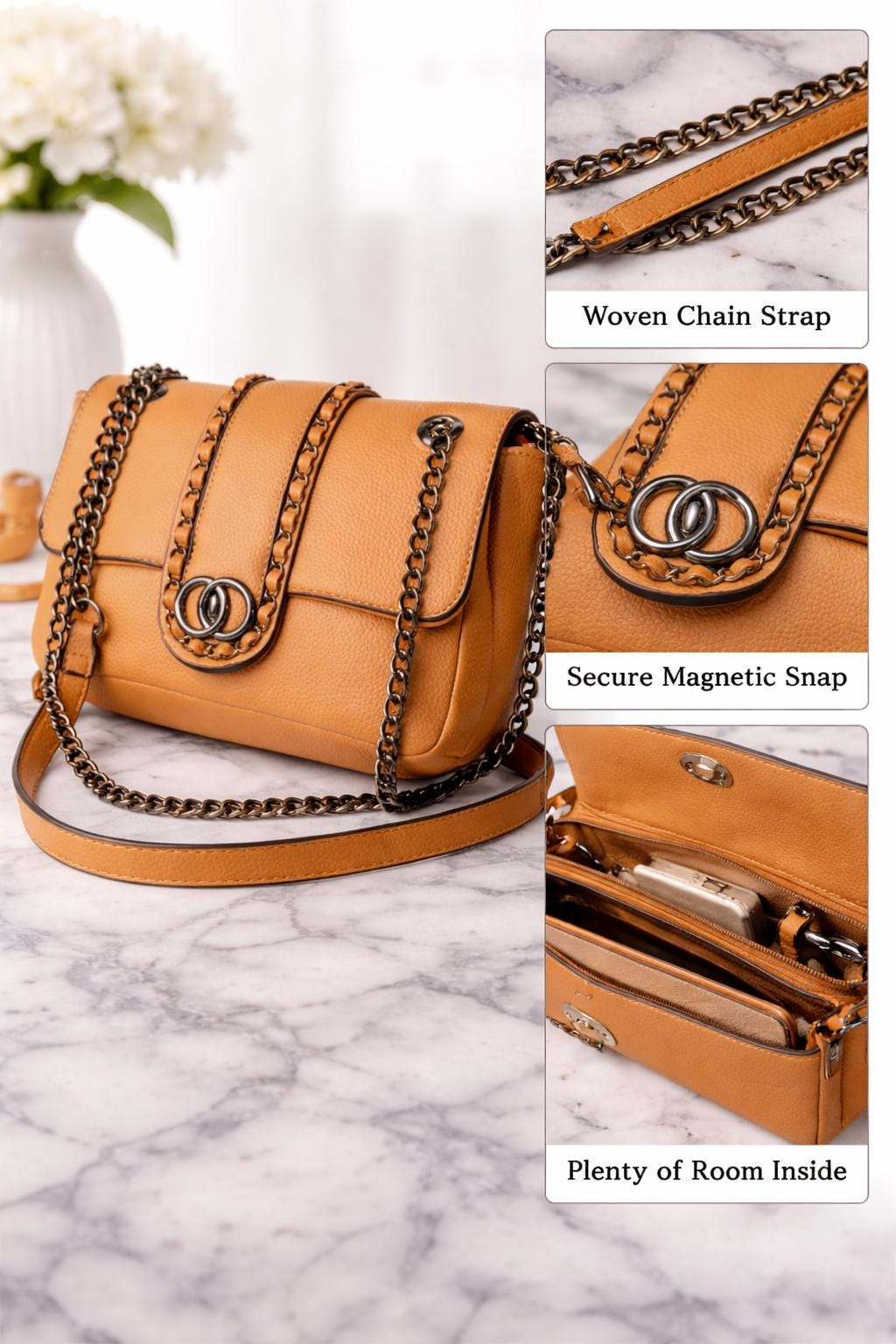 Lace & Luxe leather chain shoulder bag with woven chain trim, flap closure, and crossbody design, stylish and compact accessory.