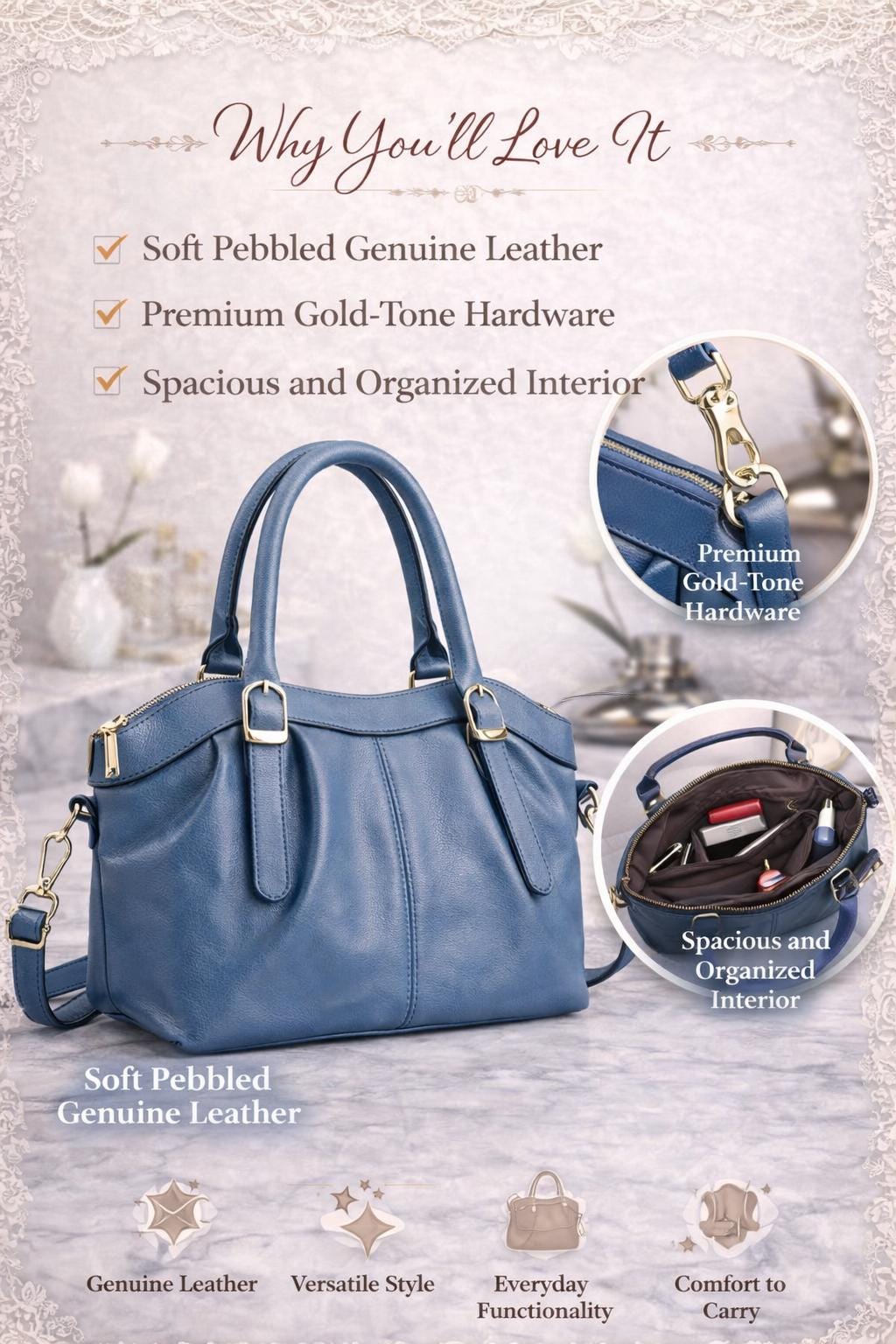 Genuine leather shoulder crossbody handbag by Lace & Luxe with sleek design and adjustable strap, perfect for everyday use