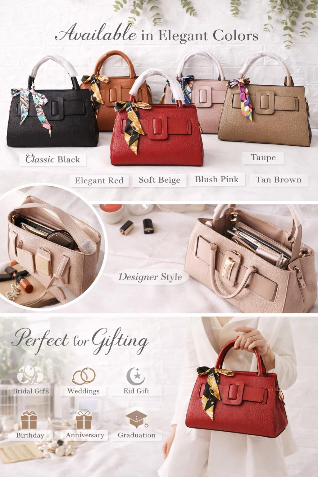 Leather croc embossed top handle tote bag with designer chic buckle and silk scarf from Lace & Luxe.