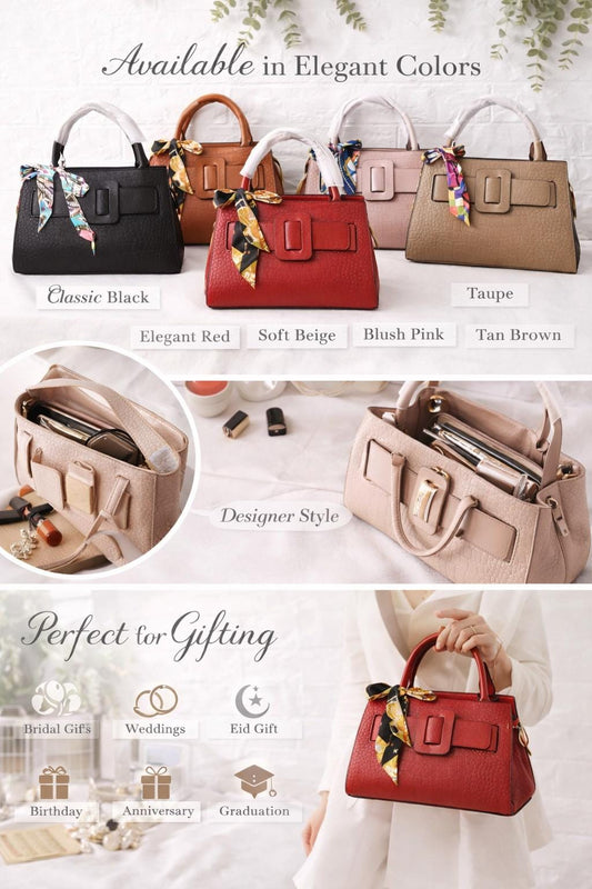 Leather croc embossed top handle tote bag with designer chic buckle and silk scarf from Lace & Luxe.